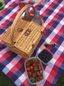 Picnic basket, sunglasses, strawberries, and blueberries. Oh and don't forget the sparkling lemonade!